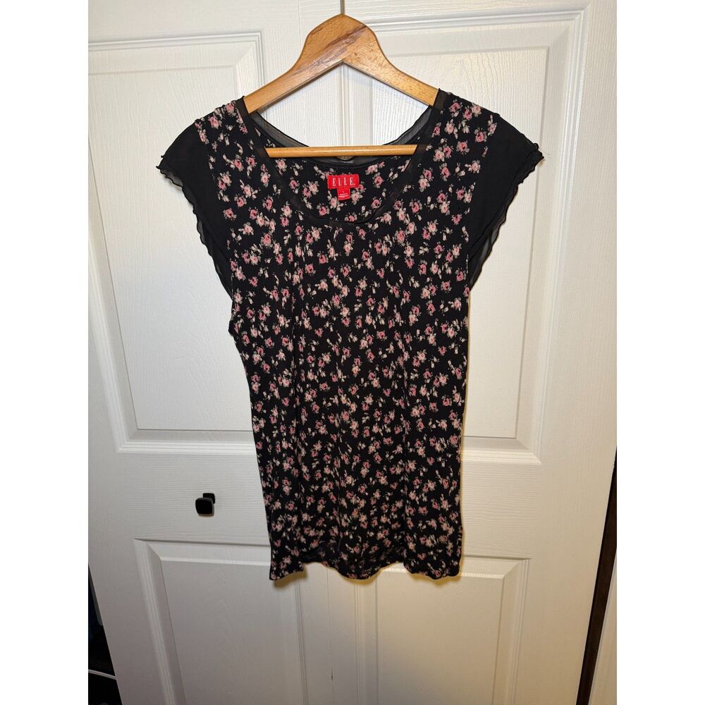 Elle Women's Large Black Pink Floral Sheer Flutter Sleeve Blouse Top